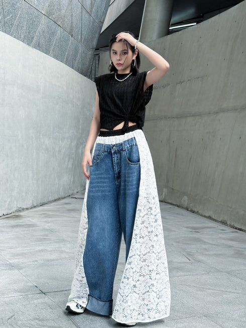 Lace Contrast Wide Denim Pants